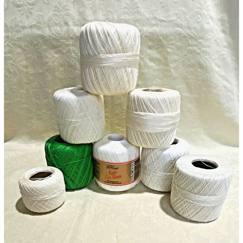 J&P Coats Knit-Cro-Sheen Mercerized Cotton Crochet Thread Craft Lot White Green